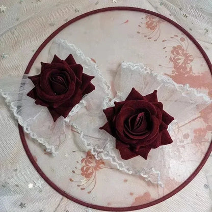 Ruffle Lace Red Rose Wristbands Charm Bracelets Flower Mesh Hand Wristbands