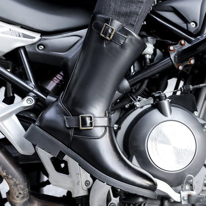 Leather Motorcycle Boots Mid-calf Gothic Belt Rivet Boots