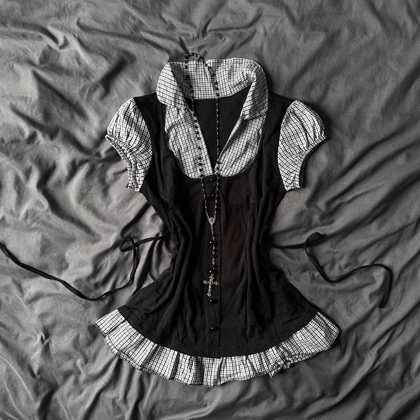 Corset Plaid Lace Ruffle Short Sleeve Shirt