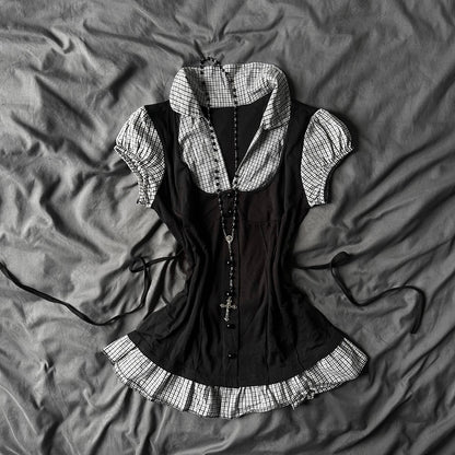 Corset Plaid Lace Ruffle Short Sleeve Shirt