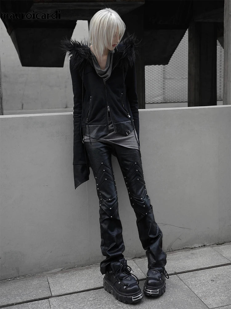 Mauroicardi Long Black Fitted Pu Leather Pants Man Rivet