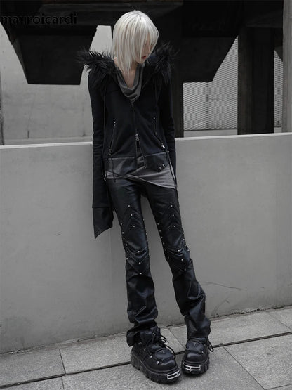 Mauroicardi Long Black Fitted Pu Leather Pants Man Rivet