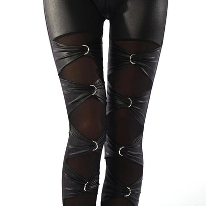 Metal ring leggings gothic lace leather rivet pants