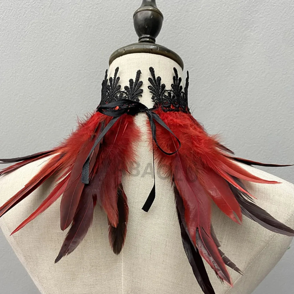 Black Feather Choker Collar Neck Cover Cape Shawl With Lace