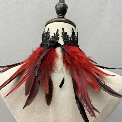 Black Feather Choker Collar Neck Cover Cape Shawl With Lace