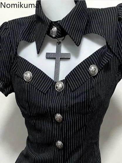 2 Piece Sets Slim Waist Striped Blouses A-line Mini Skirt Suit