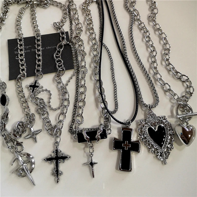 Punk Rock Black Heart Cross Pendant Chain Necklace Goth Accessories