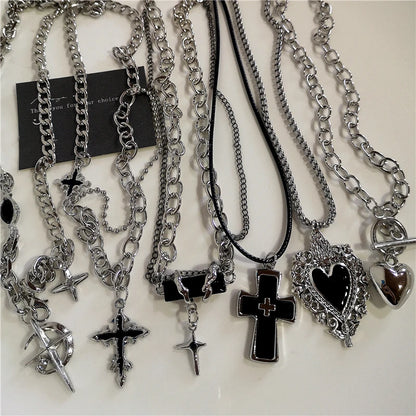 Punk Rock Black Heart Cross Pendant Chain Necklace Goth Accessories