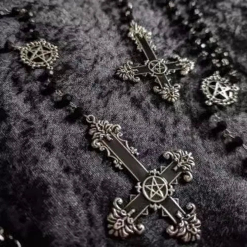 Goth Hollowed-out Circle Lacework Inverted Cross Pendant Black Bead Chain Necklace