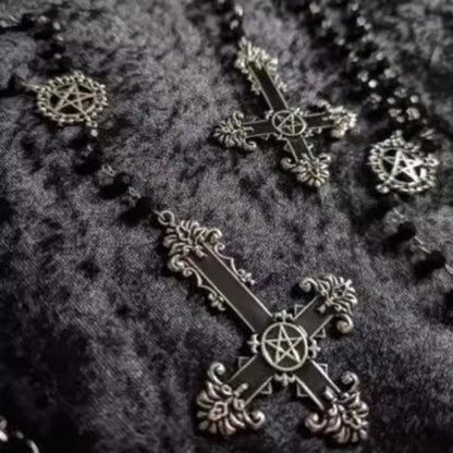 Goth Hollowed-out Circle Lacework Inverted Cross Pendant Black Bead Chain Necklace