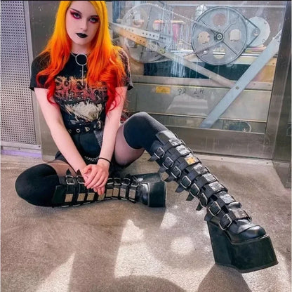 Gladiator Platform Gothic Buckle Straps Leather Boots