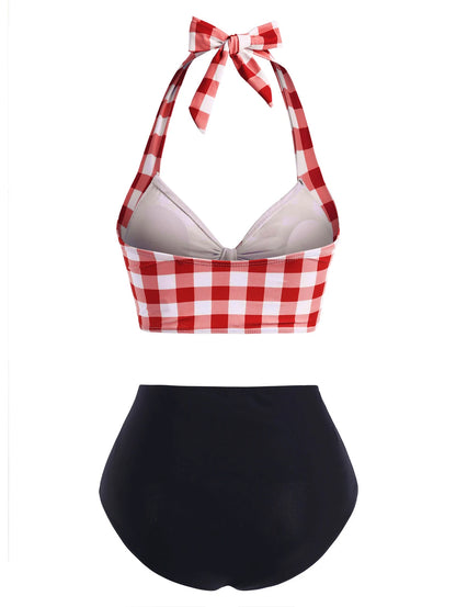 Tummy Control Tankini Swimwear Vintage Plaid Print Swimsuit