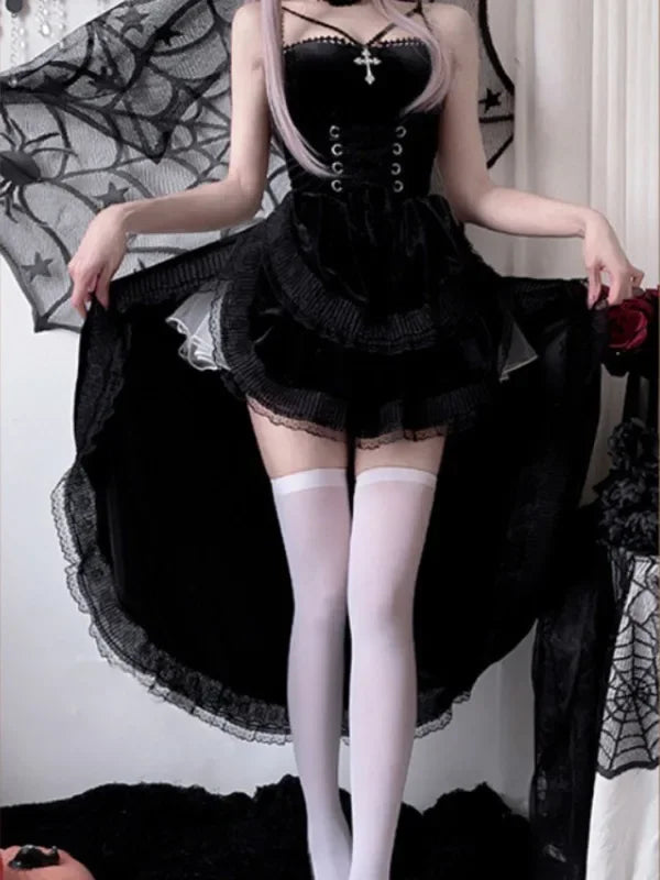 Vintage Gothic Lace Dovetail Halter Dress