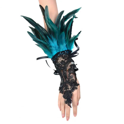 Lace Faux Feather Long Glove Gothic Mesh Embroidery Mitten