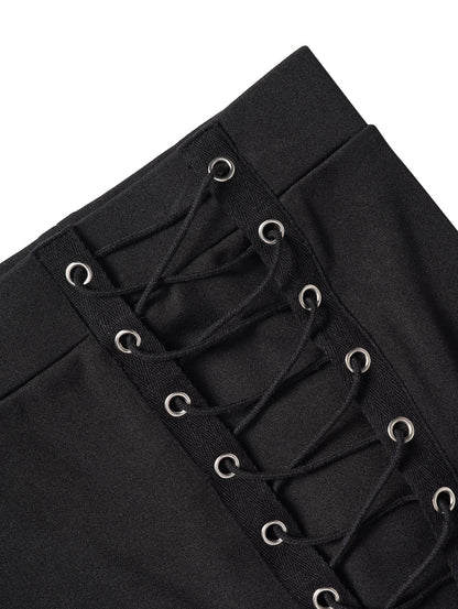 Grommet Buckle Lace Up Elastic Waist Skinny Pants