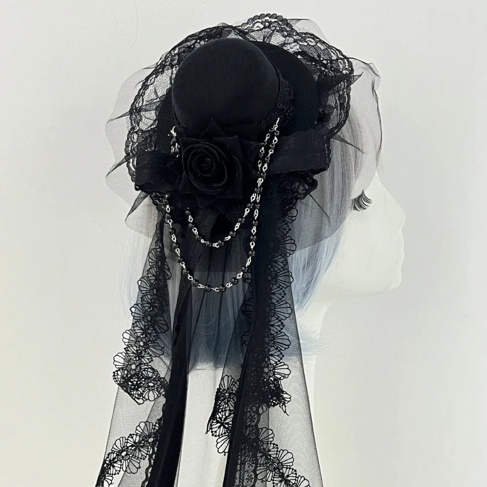 Lace Gothic Lace Veil Chain Chiffon Rose Hat Rose Victorian Retro Small Top Hat