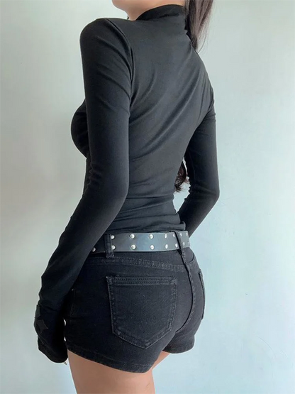 Turtleneck Gothic Cross Hollow Slimming Long Sleeve Shirt