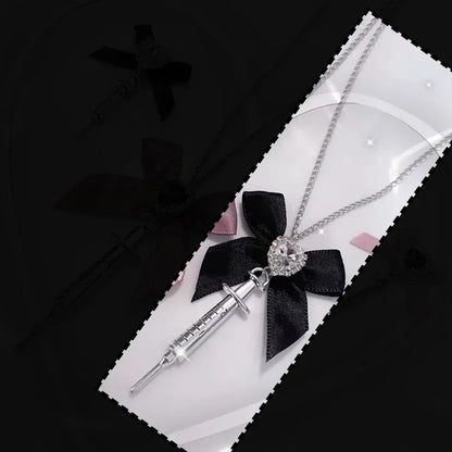 Love Heart Bowknot Metal Syringe Pendant Necklace Gothic