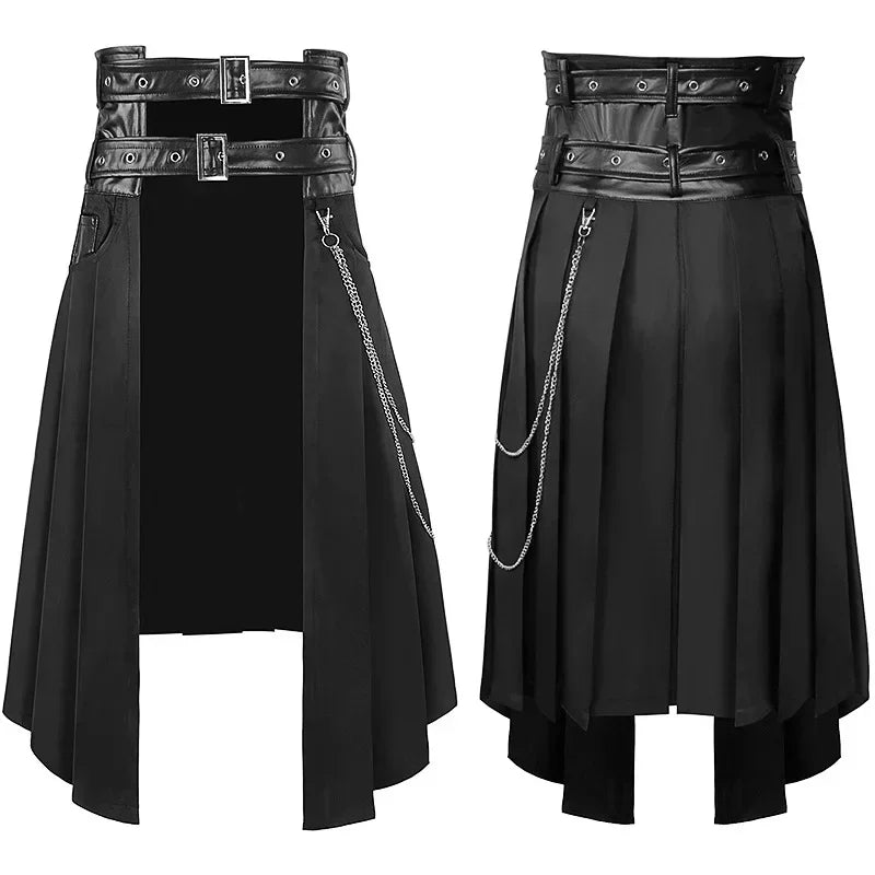 Men Pleated Skirt Asymmetric Black Chain