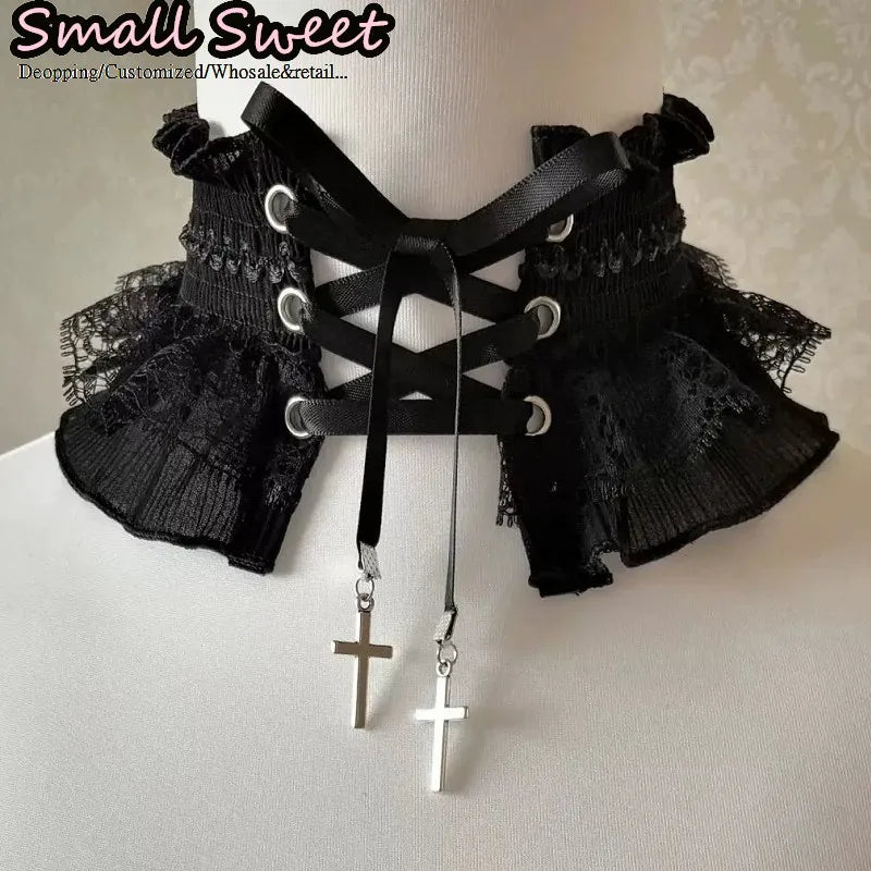 Lace Ruffle Elastic Tie With Metal Cross Pendant Collar