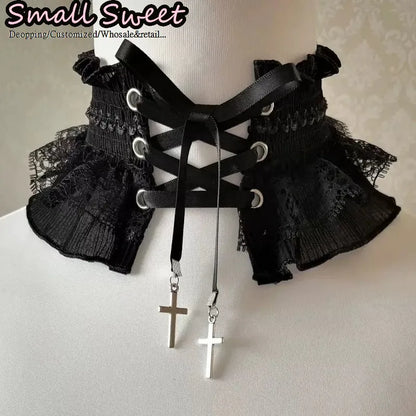 Lace Ruffle Elastic Tie With Metal Cross Pendant Collar