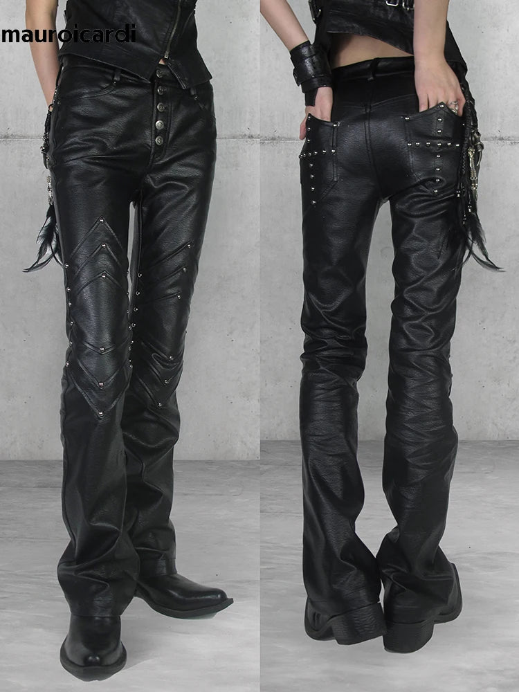 Mauroicardi Long Black Fitted Pu Leather Pants Man Rivet