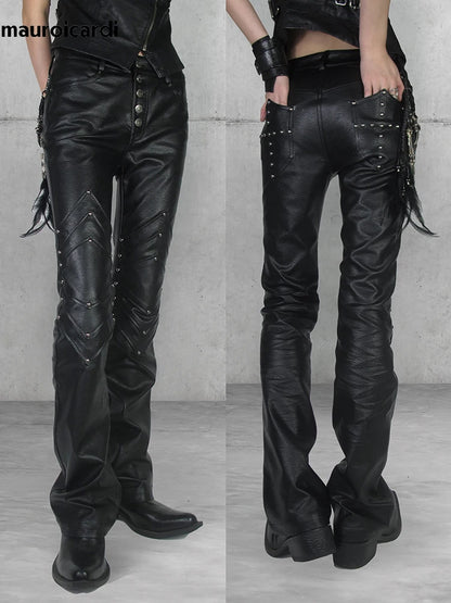 Mauroicardi Long Black Fitted Pu Leather Pants Man Rivet