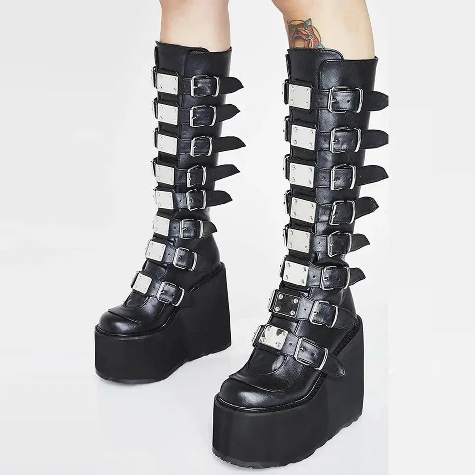 Gladiator Platform Gothic Buckle Straps Leather Boots