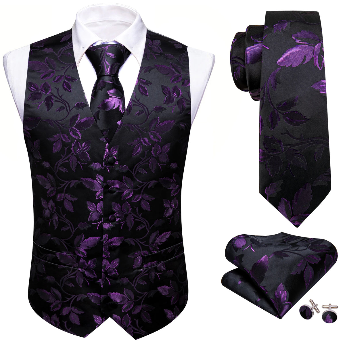 Lilac Purple Violet Lavender Silk Men Vest Tie Hanky Cufflinks Set Woven Waistcoat Sleeveless