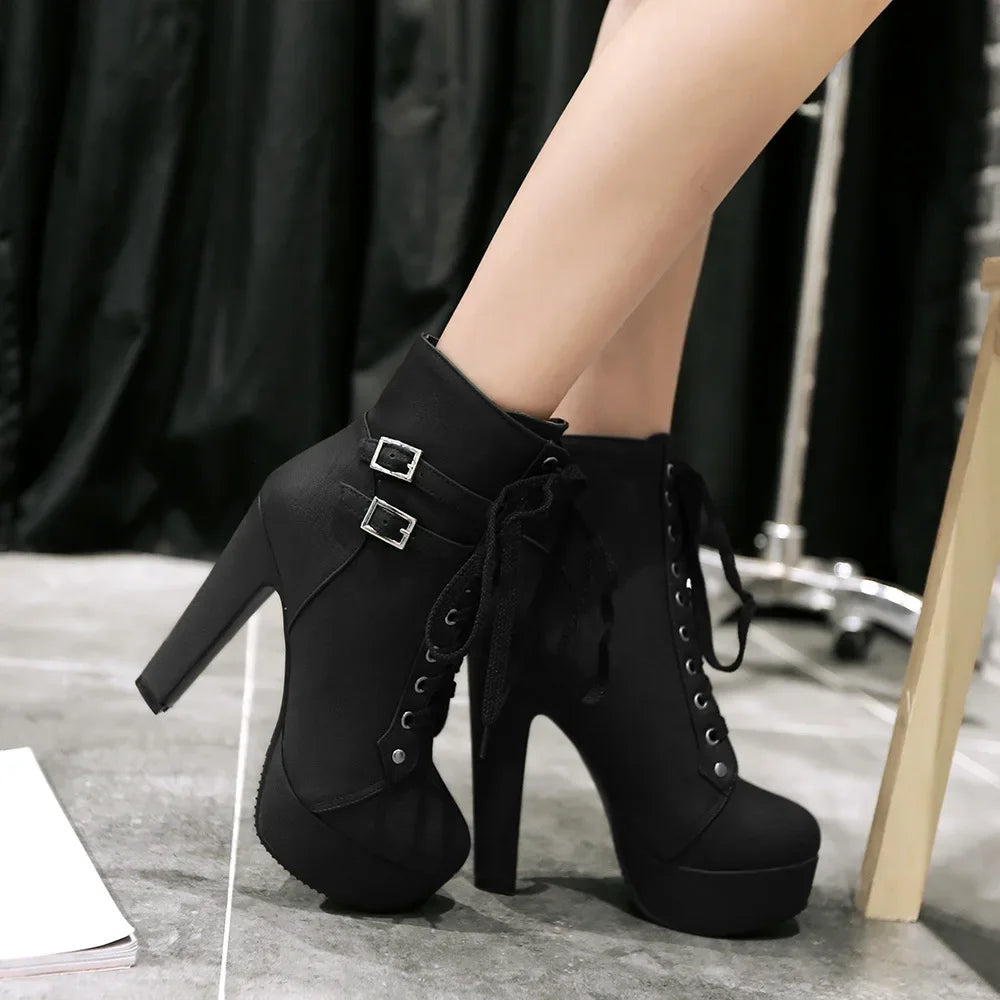 European style cross strap belt buckle boots