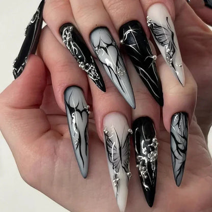24Pcs Almond Press On Nails Goth Silve Rhinestone