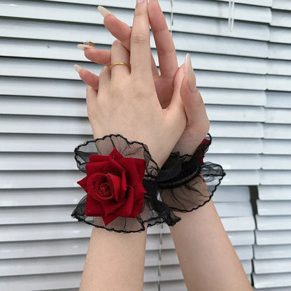 Ruffle Lace Red Rose Wristbands Charm Bracelets Flower Mesh Hand Wristbands