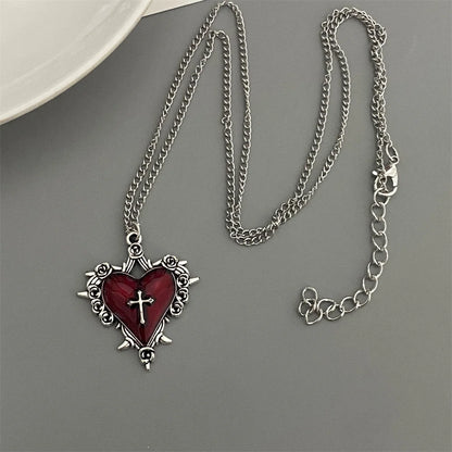 Red Black Heart Pendant Chain Necklace Vintage Goth