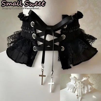 Lace Ruffle Elastic Tie With Metal Cross Pendant Collar