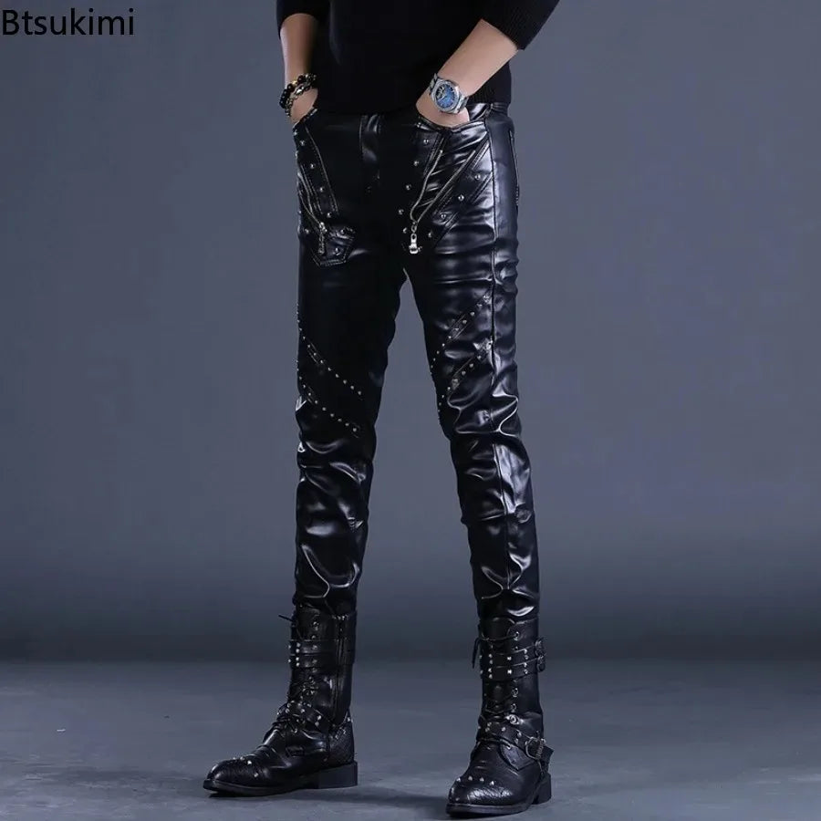 Rock Style PU Leather Rivets Zipper Slim Motorcycle Trousers