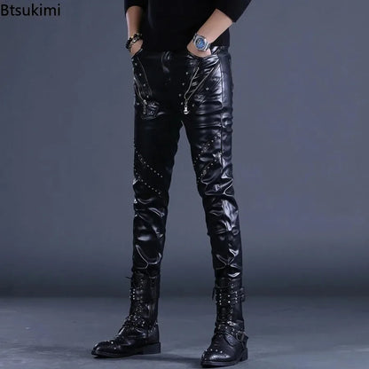 Rock Style PU Leather Rivets Zipper Slim Motorcycle Trousers
