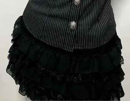 2 Piece Sets Slim Waist Striped Blouses A-line Mini Skirt Suit