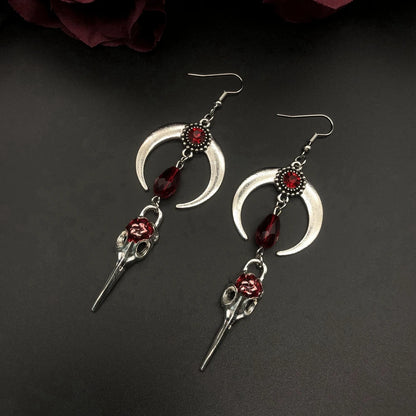Crow Skull Earrings Horns Red Blood Drops Crystal