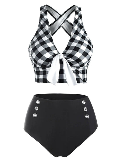 Tummy Control Tankini Swimwear Vintage Plaid Print Swimsuit