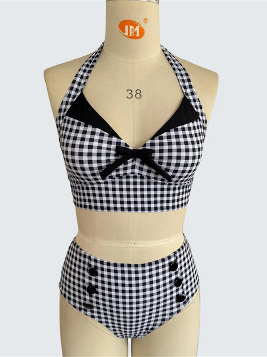 Plaid V Neck Female Swimsuit High Waist Bikini Women Two-Pieces