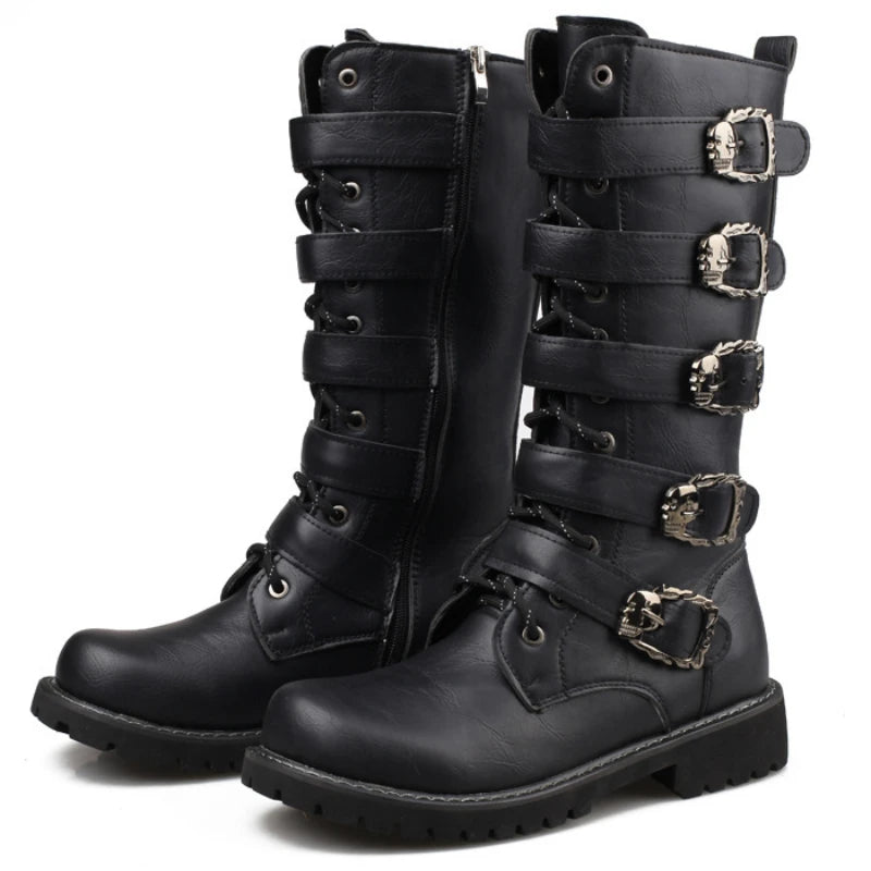 Men's Leather Motorcycle Boots Mid-calf Boots Gothic Belt