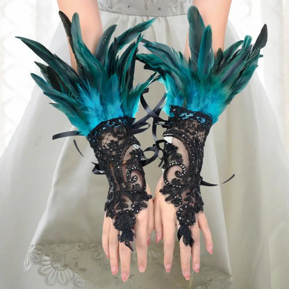 Lace Faux Feather Long Glove Gothic Mesh Embroidery Mitten