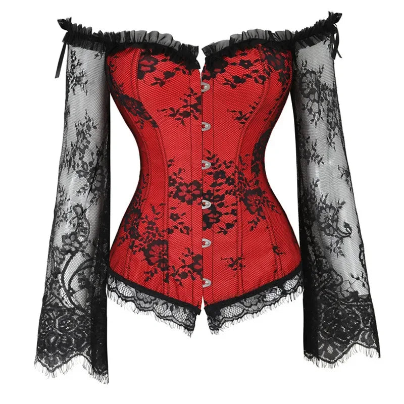 Gothic Vintage Silk Corset with Lace Long Sleeve off Shoulder