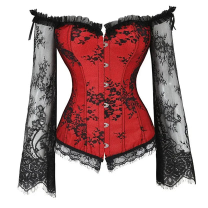 Gothic Vintage Silk Corset with Lace Long Sleeve off Shoulder