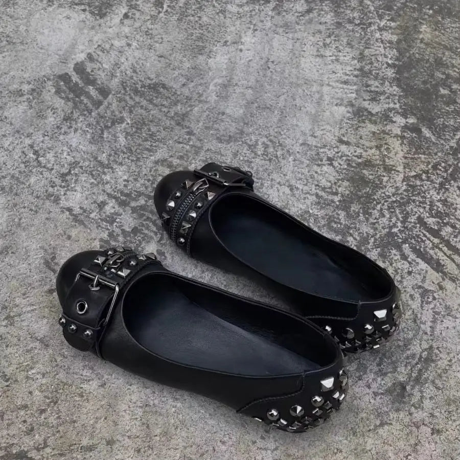 Black studded ballet leather flats metal buckled round toe sandals