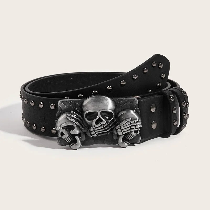 Rivet Black Jeans Unisex Belt Paw Skull Buckle Waistband