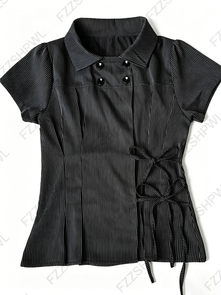 Corset Plaid Lace Ruffle Short Sleeve Shirt
