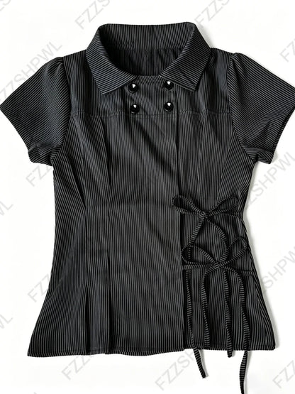 Corset Plaid Lace Ruffle Short Sleeve Shirt