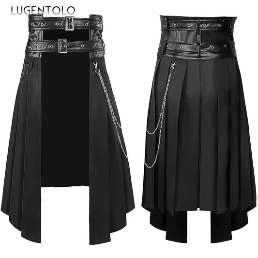 Men Pleated Skirt Asymmetric Black Chain
