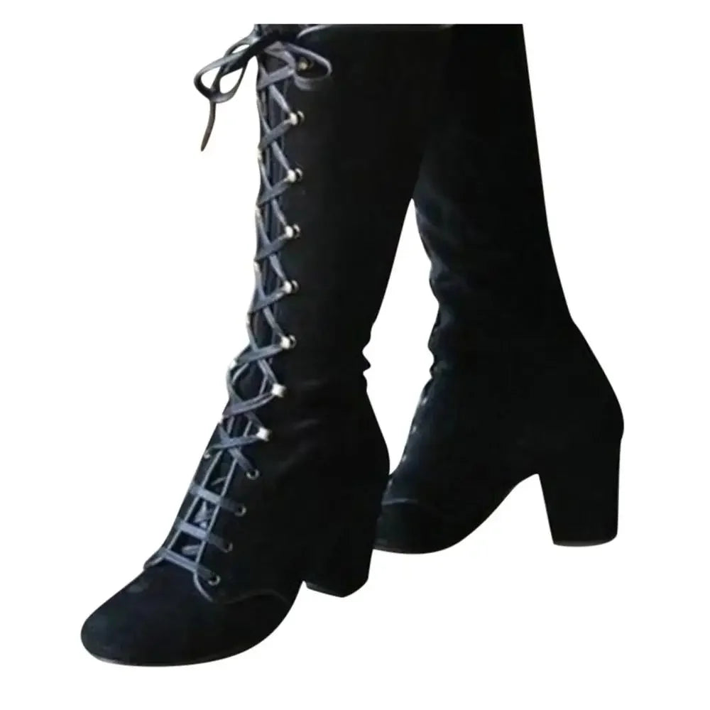 Knee high Retro Boots Lace Up Thick Heels Shoes